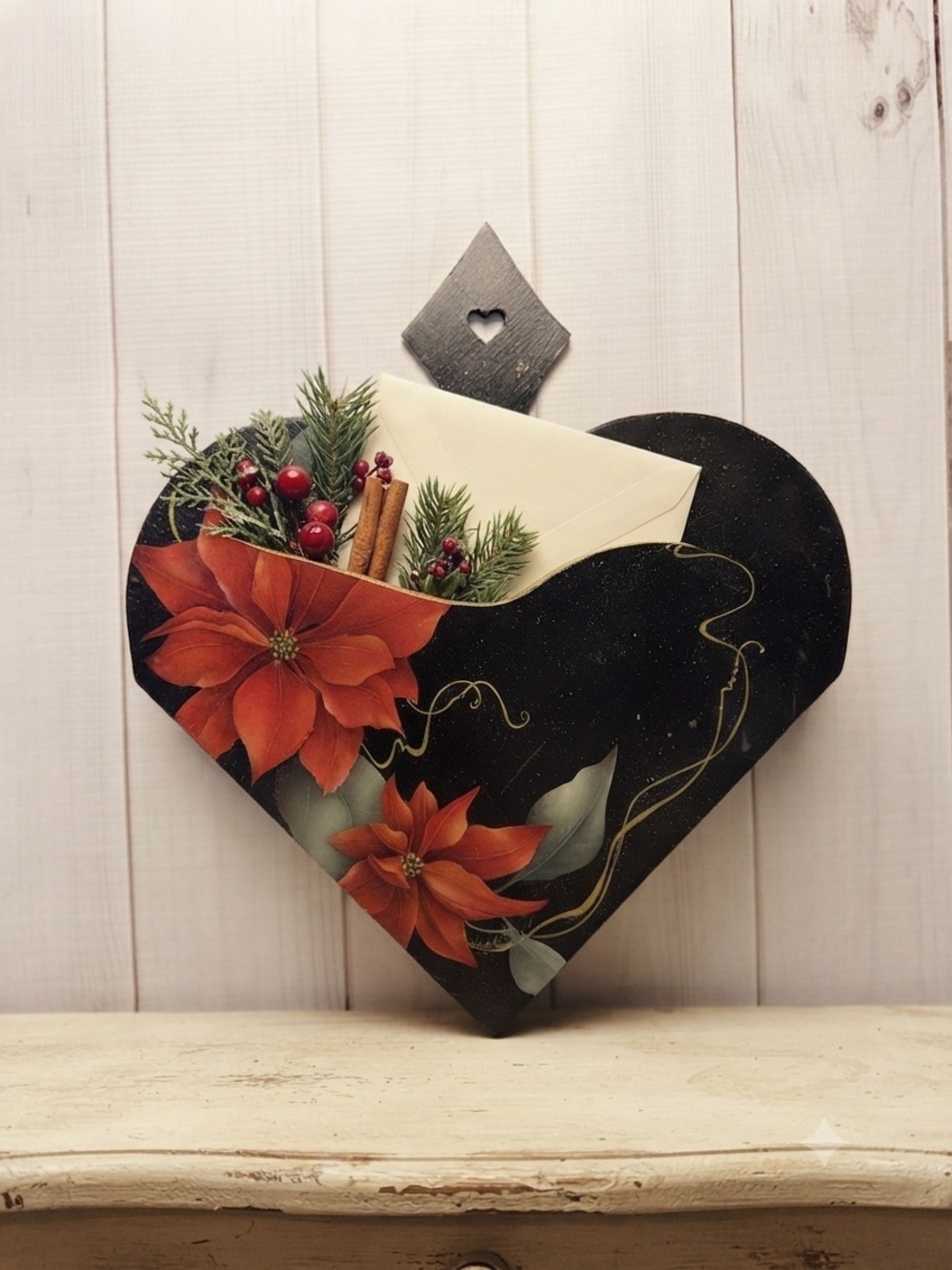 Hand Painted Wooden Heart Wall Pocket Mail Holder Poinsettia Holiday Decor